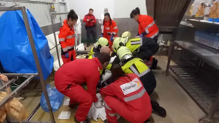 Bomberos y el equipo sanitario proceden a la evacuaci&oacute;n del trabajador. POLIC&Iacute;A FORAL