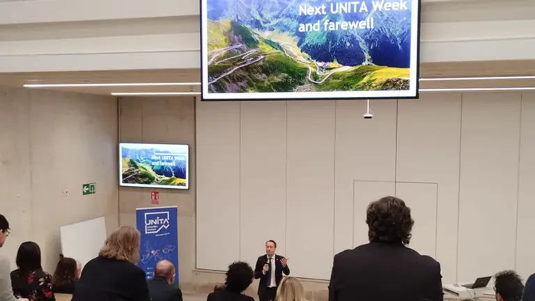 Ram&oacute;n Gonzalo, rector de la UPNA, durante el plenario final de la UNITA Week, ya proclamado como presidente de la alianza. CEDIDA