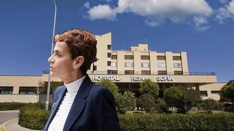 Fotomontaje de Mar&iacute;a Chivite sobre una imagen del Hospital Reina Sof&iacute;a de Tudela