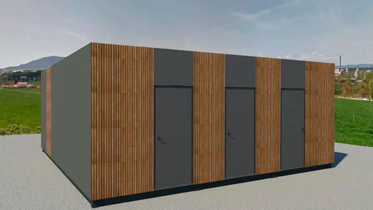 El nuevo m&oacute;dulo prefabricados con funciones de vestuarios y almac&eacute;n de material. AYUNTAMIENTO DE PAMPLONA