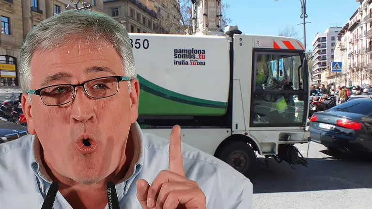 Fotomontaje de Joseba Asir&oacute;n sobre una imagen de una barredora en Pamplona. NAVARRA.COM