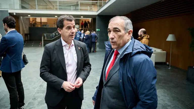 El consejero de Industria Mikel Irujo habla con el consejero de Cohesión Territorial minutos antes de comenzar el pleno del Parlamento. PABLO LASAOSA