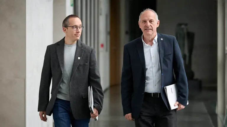 Mikel Zabaleta y Adolfo Araiz de EH Bildu en su llegada a la Mesa y Junta de Portavoces. PABLO LASAOSA