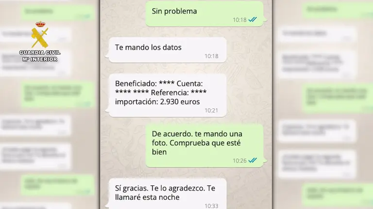 Conversación de 'whatsapp' de una víctima de la 'estafa del amor' compartida por la Guardia Civil - GUARDIA CIVIL