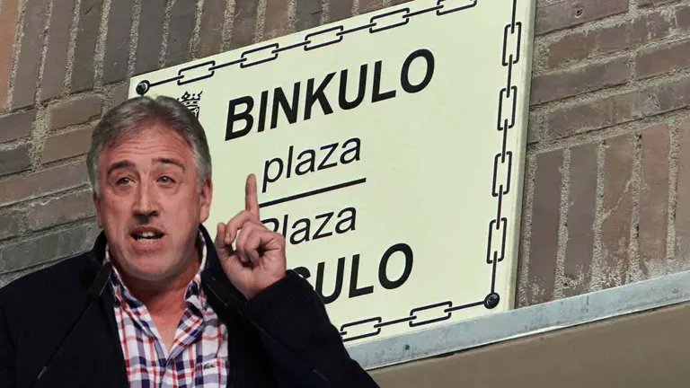 Fotomontaje de Joseba Asirón sobre una de las placas de calles de Pamplona cambiadas.