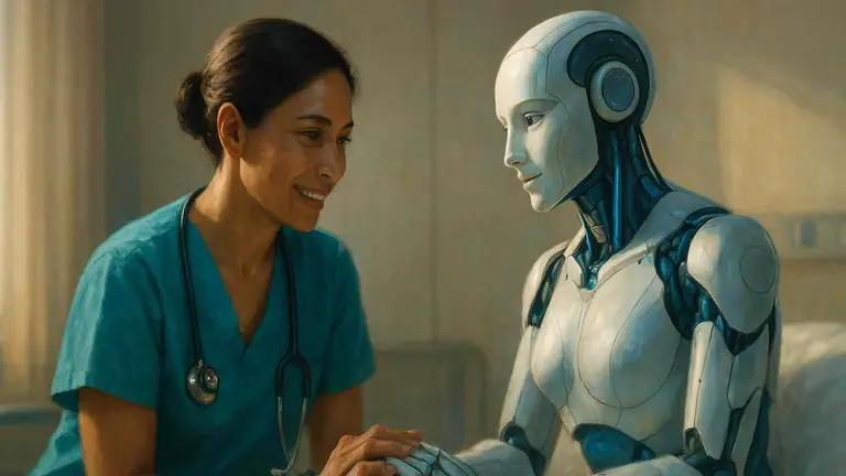 Una enfermera y un robot. Imagen generada por Inteligencia Artificial.