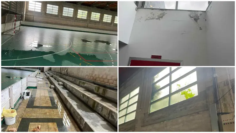 Aspecto de las instalaciones deportivas de Aranzadi, con goteras, cristales rotos y multitud de desperfectos. CEDIDAS