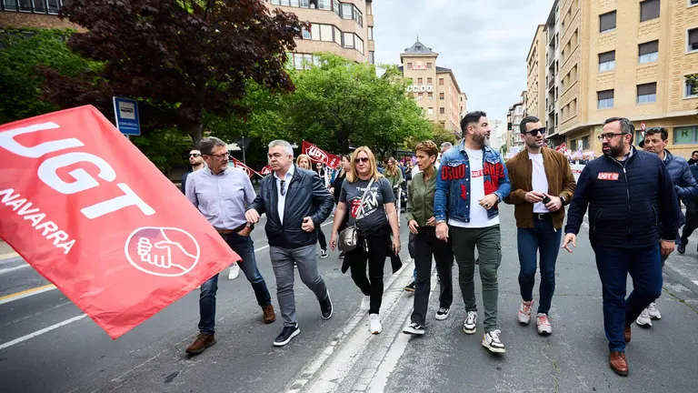 Manifestaci&oacute;n de CCOO y UGT en Pamplona con motivo del 1 de mayo. Con presencia del secretario general de UGT Navarra, Lorenzo R&iacute;os, la secretaria de Organizaci&oacute;n de CCOO Navarra, Pilar Arriaga y la presidenta de Navarra, Mar&iacute;a Chivite. I&Ntilde;IGO ALZUGARAY