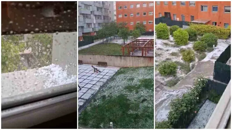 Tres momentos de la granizada en la Comarca de Pamplona.
