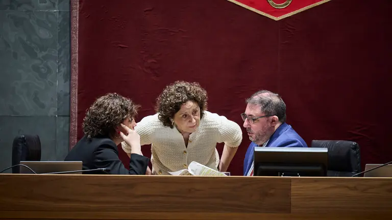 La consejera de Derechos Sociales Mari Carmen Maeztu junto al presidente del Parlamento y Unai Hualde y la vicepresidenta Ainhoa Unzu durante la celebraci&oacute;n del pleno del Parlamento. PABLO LASAOSA