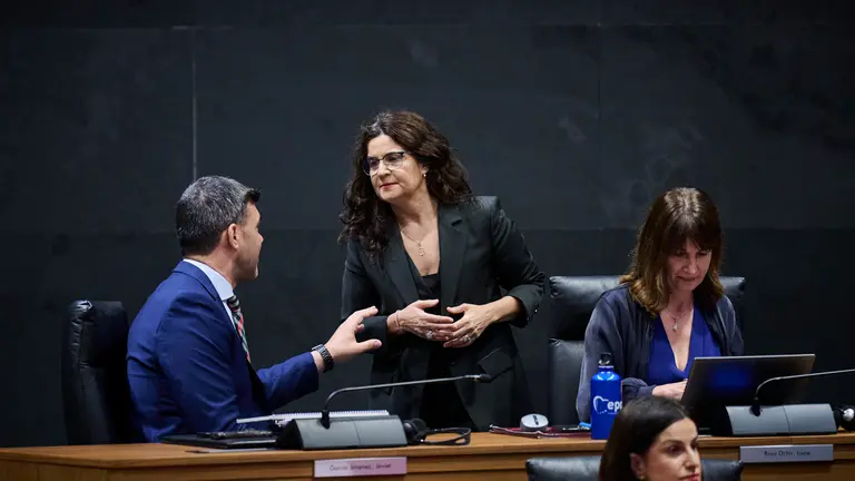 Javier Garc&iacute;a, Maribel Garc&iacute;a Malo e Irene Royo del PPN minutos antes de comenzar el pleno del Parlamento. PABLO LASAOSA
