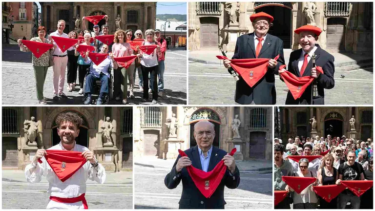 Quinteto de opciones de lanzadoresd el Chupiazo de Pamplona de arriba a abajo y de izquierda a derecha, AFAN (Asociaci&oacute;n de Familiares con Alzheimer de Navarra), Asociaci&oacute;n Cultural Gaiteros de Pamplona, Alberto Gurrea Saenz , Juan Jos&eacute; Martinena Ruiz y Yala Nafarroa. AYUNTAMIENTO DE PAMPLONA