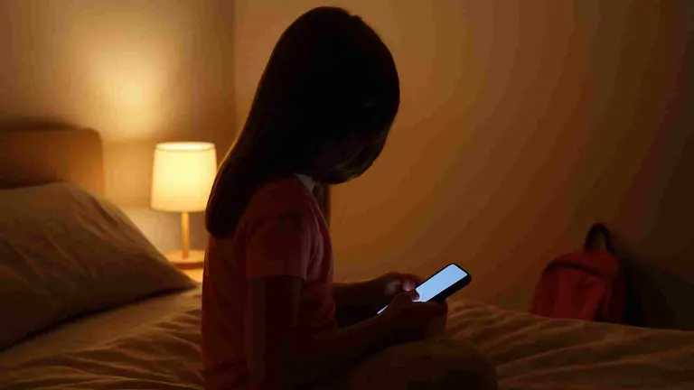 Una niña de ocho años jugando con un teléfono móvil sobre una cama. Imagen generadaq por IA.