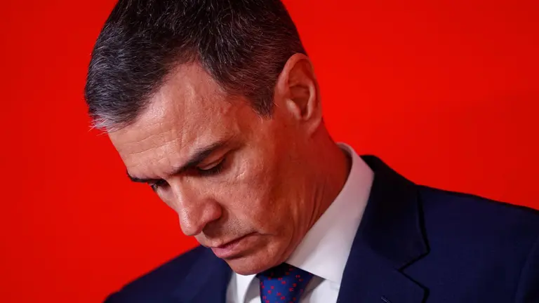 El presidente del Gobierno y l&iacute;der del PSOE, Pedro S&aacute;nchez, ha admitido que los socialistas no debieron confiar en su hasta ahora secretario de Organizaci&oacute;n, Santos Cerd&aacute;n, cuya dimisi&oacute;n le ha exigido al conocer el informe de la UCO que le implica en supuestos casos de corrupci&oacute;n y ha asegurado que "aunque la decepci&oacute;n es grande, la respuesta ser&aacute; siempre contundente", durante la rueda de prensa ofrecida este jueves en la sede del partido. EFE/Daniel Gonzalez