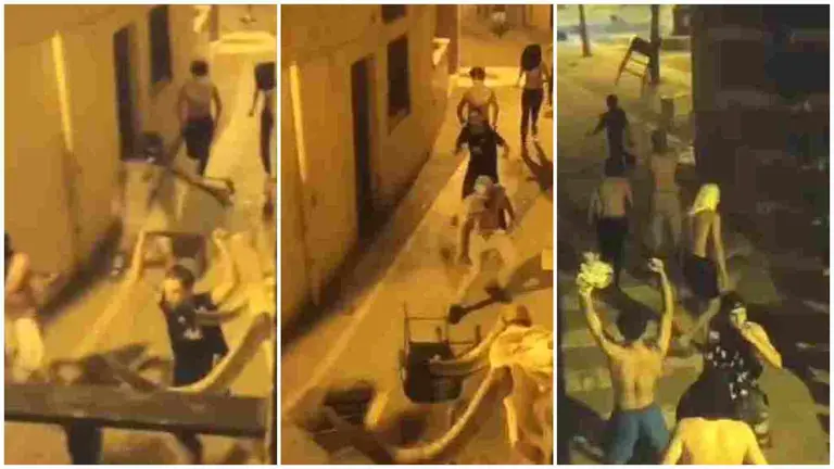Fotogramas del video de la batalla campal protagonizada por menas en el centro de Marcilla tras haberse fugado del COA.