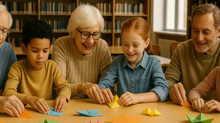 Abuelos y nietos haciendo pairoflexia. Imagen generada con onteligencia artificial.
