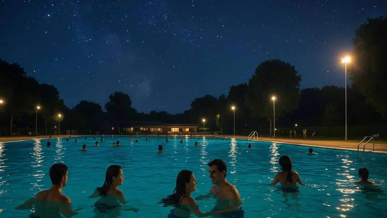 Varias personas se ba&ntilde;an en una piscina nocturna en una recreaci&oacute;n.