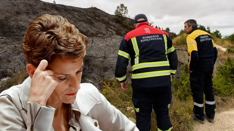 Fotomontaje con una imagen de la presidenta de Navarra, Mar&iacute;a Chivite, sobre otra de bomberos trabajando en un incendio forestal. NAVARRA.COM