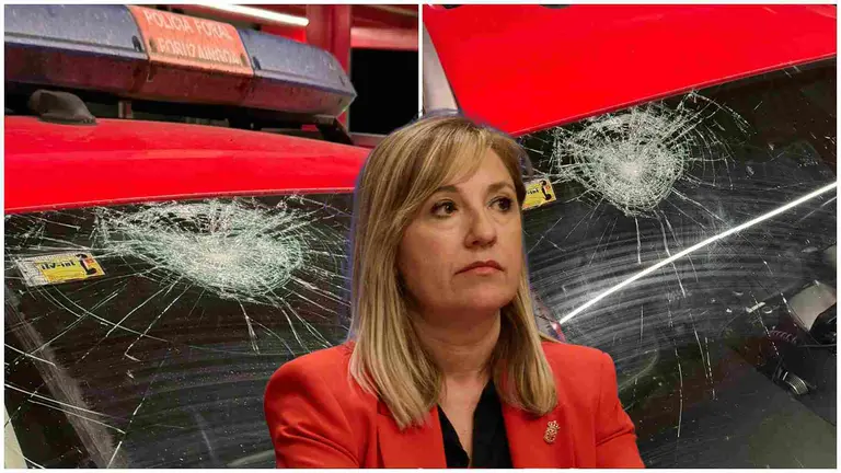 Fotomontaje de la consejera AMparo L&oacute;pez sobre la imagen de los coches apedreados de la Polic&iacute;a Foral en Alsasua.