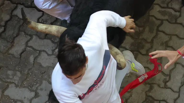 Séptimo encierro de San Fermín 2025 el día 13 de julio con toros de La Palmosilla en la bajada al callejón. EFE - J.P. URDIROZ