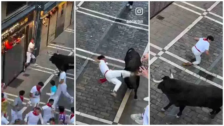 Tres fotogramas del video inédito del encierro del día 8 con toros de Cebada Gago. INSTAGRAM / @AYUKITAR