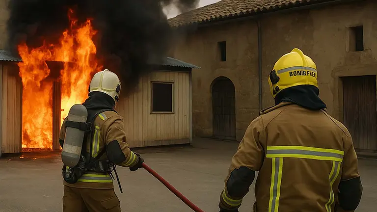 Dos bomberos trabajan en el incendio de una caseta en una imagen recreada.