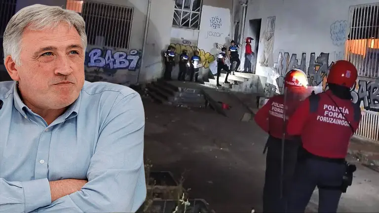 Fotomontaje con una imagen de Joseba Asirón sobre otra de la actuación policial en la antigua ikastola Jaso. NAVARRA.COM