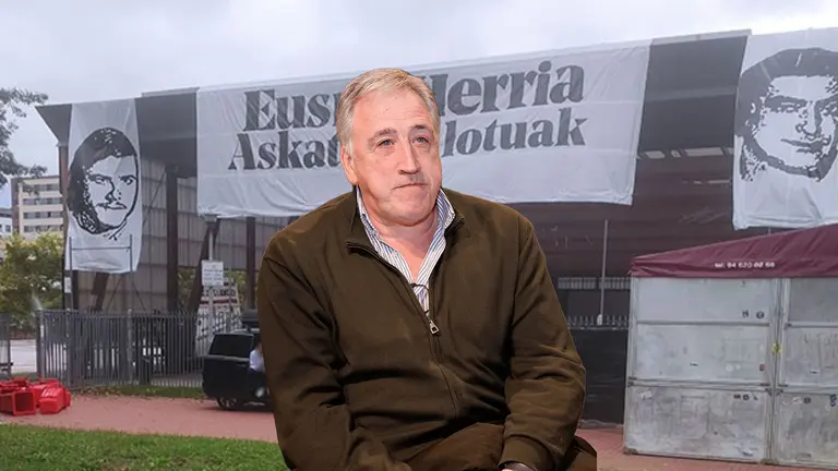 Fotomontaje con Joseba Asir&oacute;n sobre una imagen de las pancartas proetarras en Mendillorri.