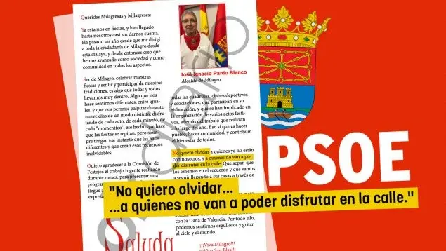 Fotomontaje con el extracto del mensaje que ha remitido el alcalde de Milagro a sus vecinos con motivo de las fiestas patronales. OK DIARIO