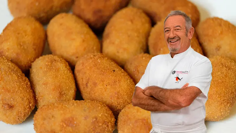 Fotomontaje con una imagen del cocinero Karlos Argui&ntilde;ano sobre unas croquetas.