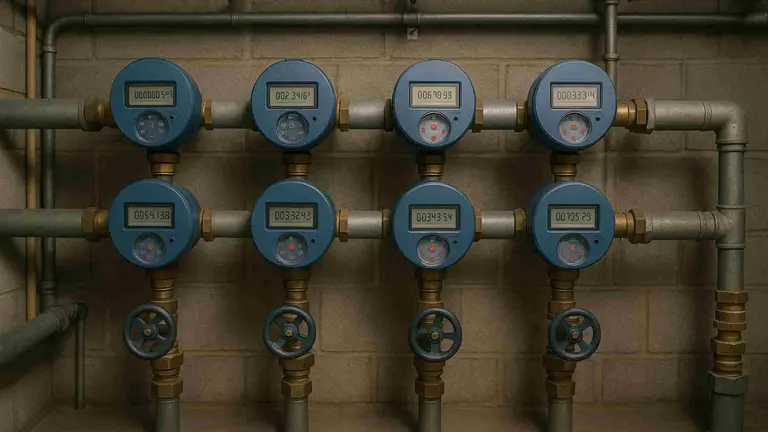 Cuarto de contadores de agua de un edificio con los contadores inteligentes. IA