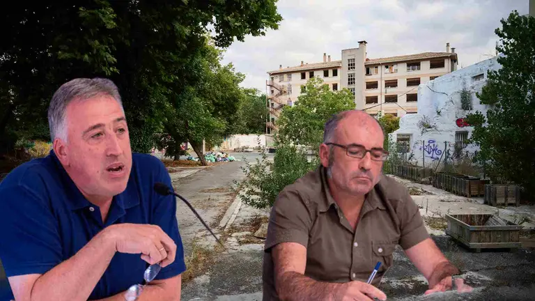 Fotomontaje de Asir&oacute;n y Abaurrea sobre una imagen de la antigua ikastola Jaso, foco de inseguridad e insalubridad en Pamplona.