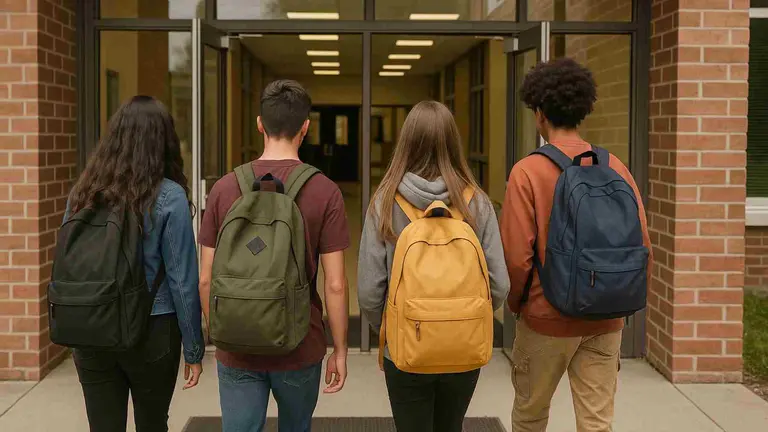Adolescentes accediendo a un instituto. IA
