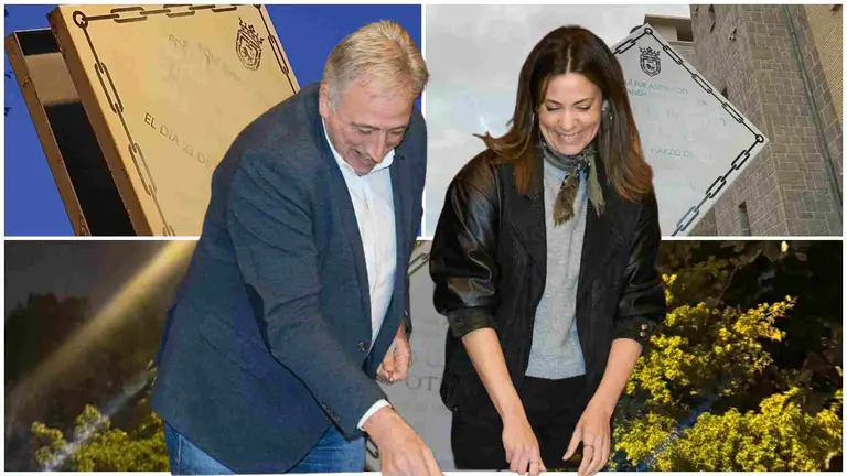 Fotomontaje de Joseba Asir&oacute;n (EH Bildu) y Marina Curiel (PSN-PSOE) sobre una foto de las placas vandalizadas de homenaje a v&iacute;ctimas de ETA.