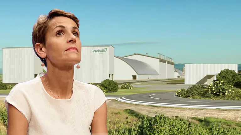 Fotomontaje con una imagen de Mar&iacute;a Chivite sobre una recreaci&oacute;n de la sede de Mina Muga.