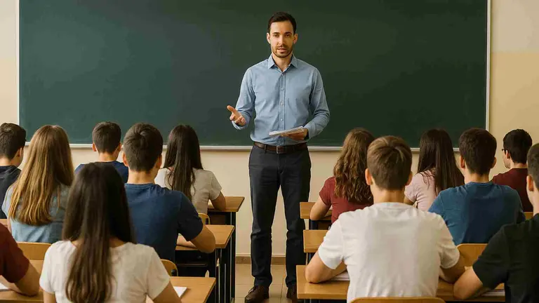 Un profesor impartiendo clase en un aula. Imagen generada por Inteligencia Artificial.