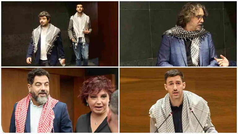 Parlamentarios forales luciendo el pa&ntilde;uelo palestino a modo de protesta contra lo que consideran un genocidio en Gaza. &Iacute;&Ntilde;IGO ALZUGARAY