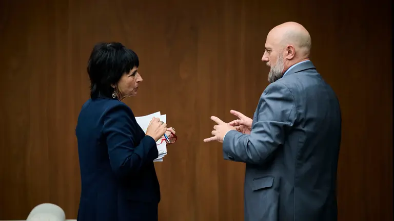 Laura Aznal, portavoz de Vox, junto al consejero de Econom&iacute;a y Hacienda, Jos&eacute; Luis Arasti, durante la celebraci&oacute;n del Pleno del Parlamento. PABLO LASAOSA