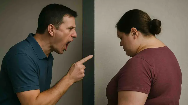 Un hombre agrede verbalmente a una mujer. Imagen creada por Inteligencia Artificial.