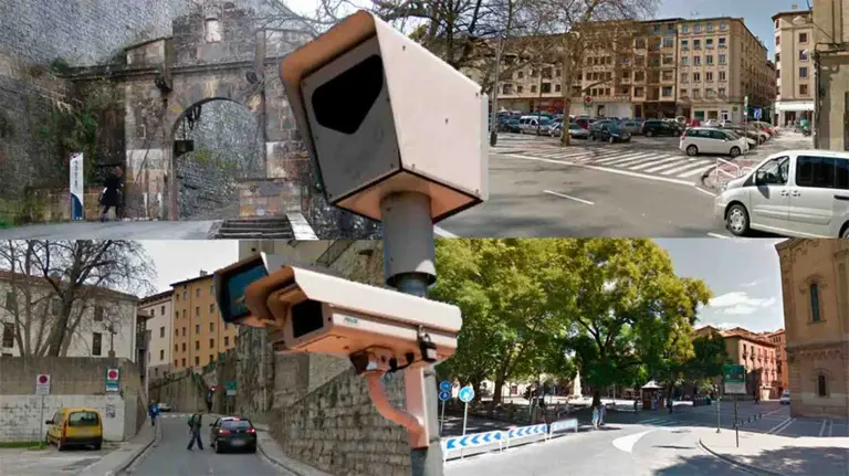 Fotomontaje de una c&aacute;mara de videovigilancia y varios accesos al casco viejo de Pamplona. NAVARRA.COM