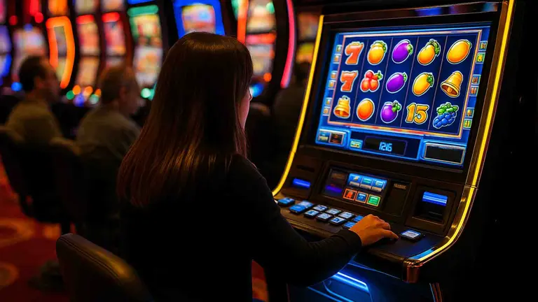 Una mujer jugando a las m&aacute;quinas tragaperras. IA