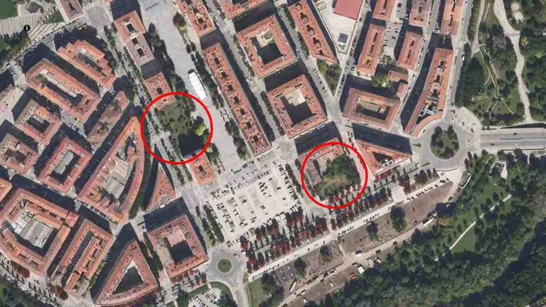 Vista a&eacute;rea del barrio de la Rochapea con las dos parcelas en las que se contruir&aacute;n viviendas. AYUNTAMIENTO DE PAMPLONA