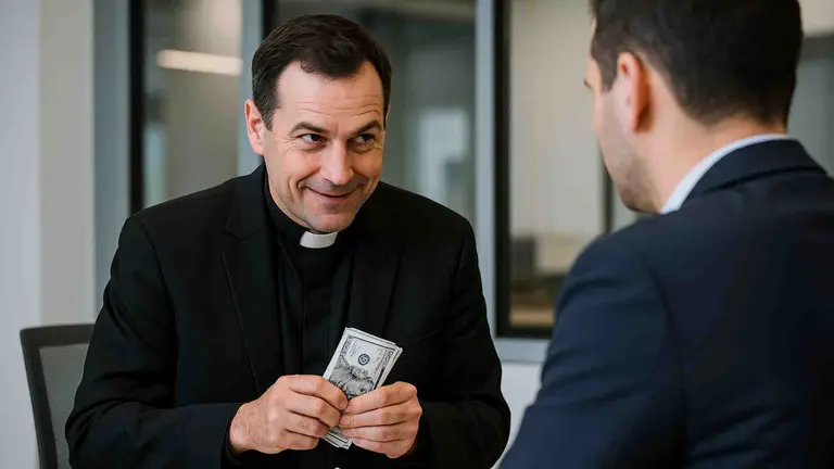 El falso sacerdote exigi&oacute; a l navarro pagos en efectivo para poder desbloquear en el banco una donaci&oacute;n de 25.000. Imagen generada por Inteligencia artificial.