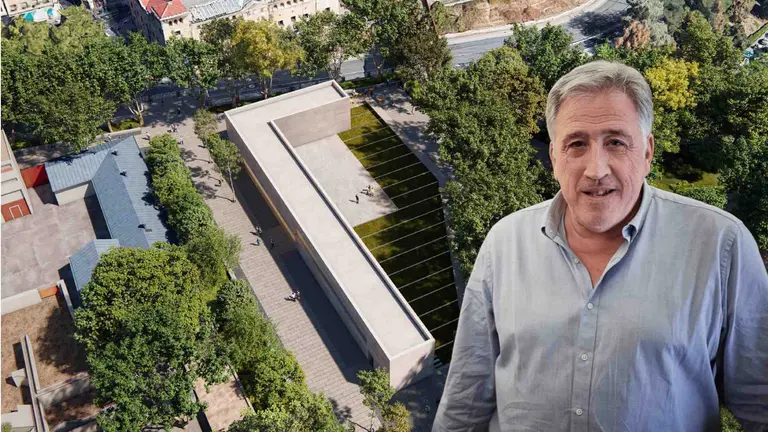 Fotomontaje de Joseba Asir&oacute;n sobre una imagen del proyecto del Centro de Interpretaci&oacute;n de la Pelota Vasca de Pamplona.