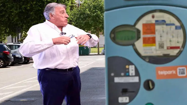 Fotomontaje con una imagen del alcalde de Pamplona, Joseba Asir&oacute;n, sobre una fotograf&iacute;a de una parqu&iacute;metro. NAVARRA.COM