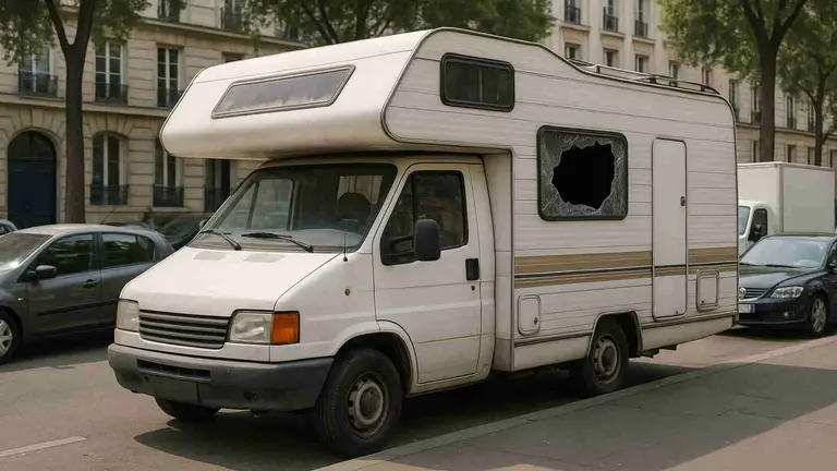 Imagen de una autocaravana con la ventana rota. IA