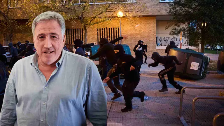 Fotomontaje de Asir&oacute;n sobre una foto de los disturbios en Pamplona frente al acto de Vito Quiles.