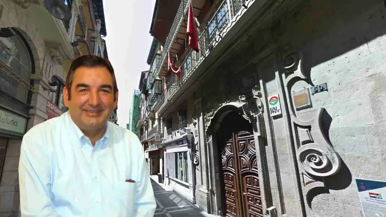 Fotomontaje de Jos&eacute; &Aacute;ngel Agirrebengoa sobre una foto de la sede del PNV en Pamplona.