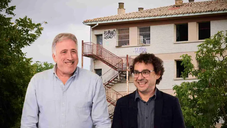 Fotomontaje de Asir&oacute;n y Txema Maule&oacute;n sobre una foto del edificio de la antigua ikastola Jaso.
