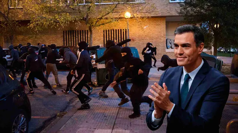 Fotomontaje de Pedro S&aacute;nchez sobre una foto de los disturbios en Pamplona por el acto de Vito Quiles.